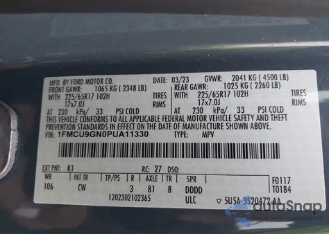 2023 Ford Escape Active z USA, uszkodzony, nr VIN 1FMCU9GN0PUA11330